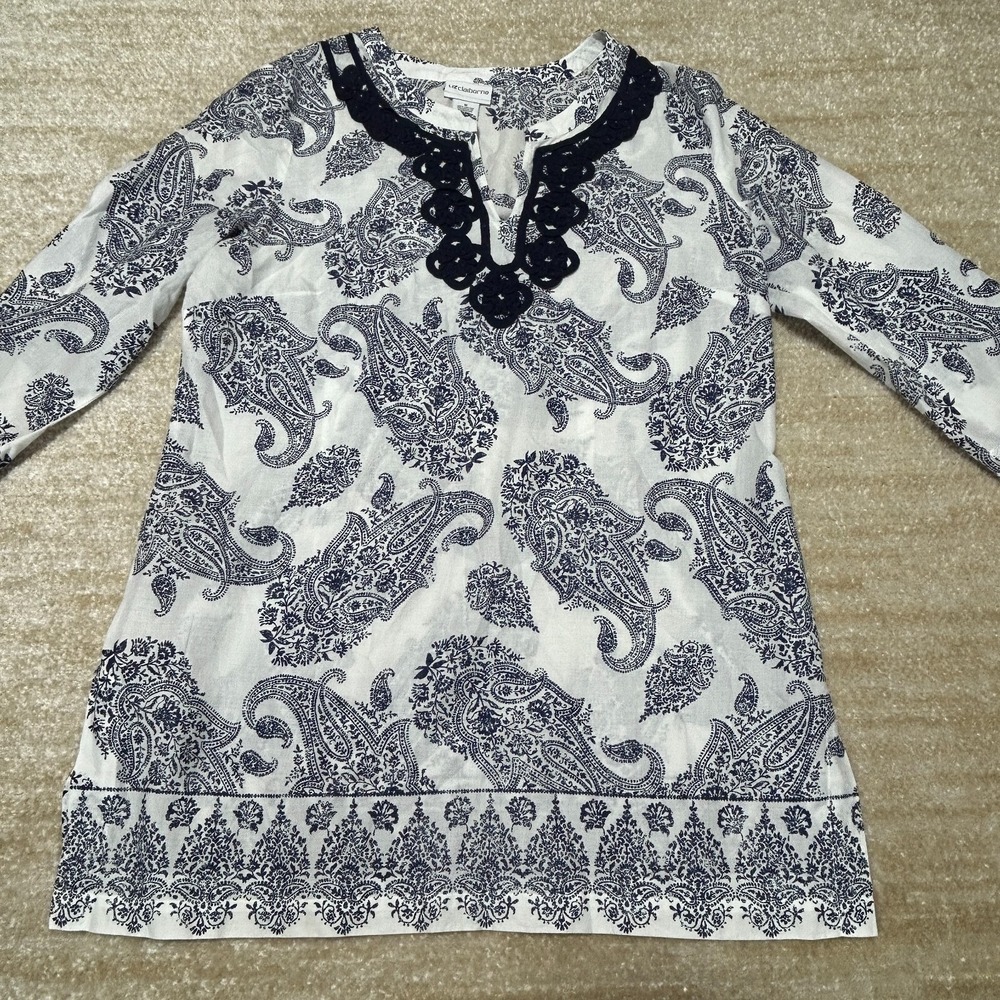 Liz Claiborne Women Boho Paisley Crochet Trim Tunic Blouse White Blue Size M